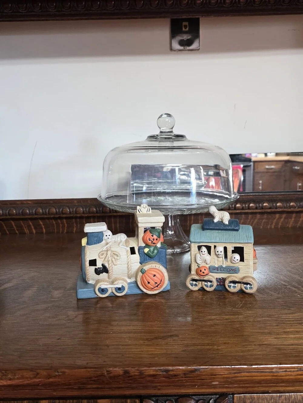 Halloween Pumpkin Ghost Train Figurine Set -Cream and Blue